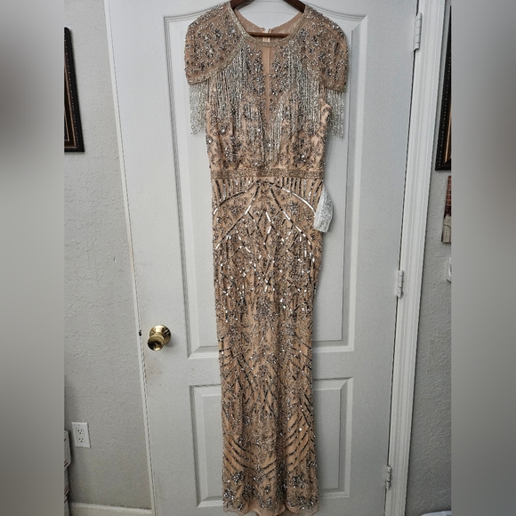 MAC DUGGAL EMBELLISHED FRINGE CAP SLEEVE TRUMPET GOWN PLATINUM PINK 12 NWT - Picture 6 of 16